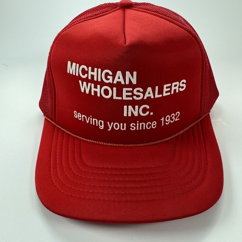 VTG Michigan Wholesalers Inc Foam Trucker Hat Red Rope Brim Snapback 80s Promo